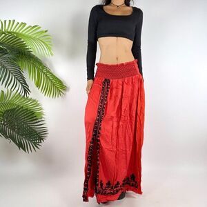 Vintage Red Vampy Whimsygoth Low Rise Floral Bohemian Hippie Maxi Skirt / 1X